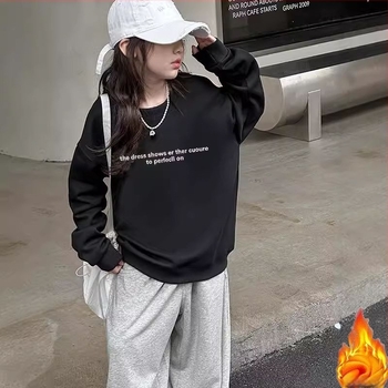 Lányoknak készült fleece-vel bélelt koreai stílusú pulóver, hosszú ujjú, betűs nyomtatás, 95% poliészter