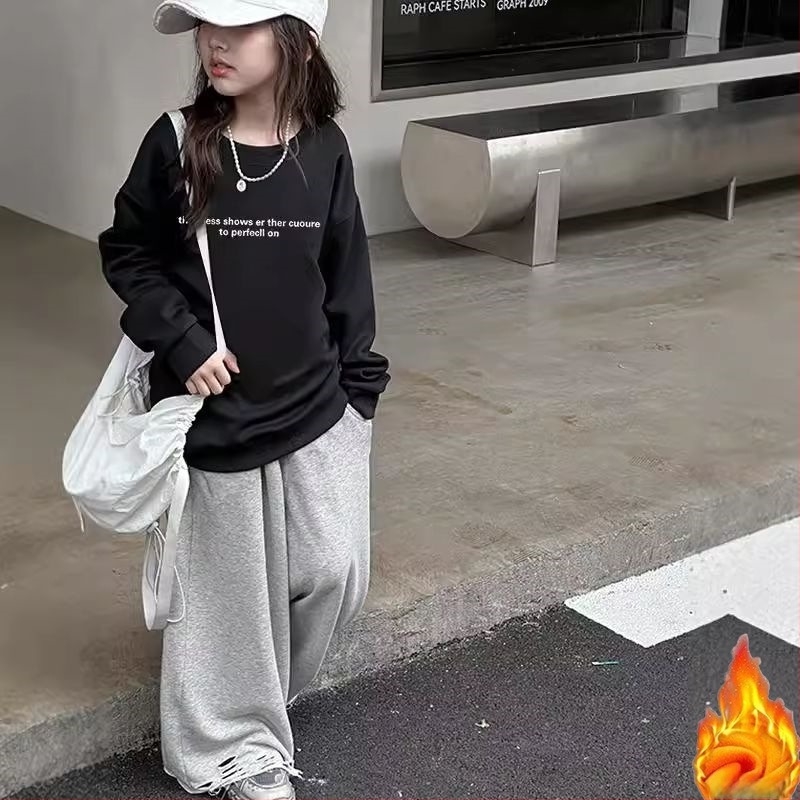Lányoknak készült fleece-vel bélelt koreai stílusú pulóver, hosszú ujjú, betűs nyomtatás, 95% poliészter