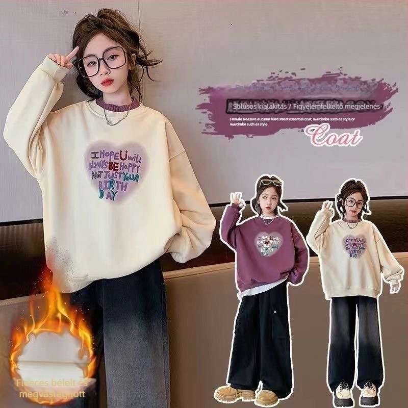 Lányoknak készült fleece-béléssel vastag pulóver, hosszú ujjú, pulóver stílusú, betűs mintával (8 éves kortól, 140 cm felett)