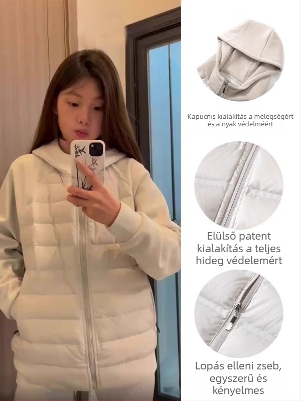 Női pehelyes kabát fehér kacsapuhával, 50% pufi tartalom, vastag kivitel, első cipzár, rövid fazon 40–50 cm, hosszú ujjú, spandex anyag