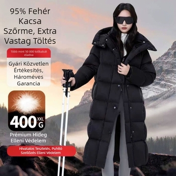 Női hosszú fehér kacsa tollal töltött dzseki, 400 g töltet, hosszú a térdig érő, nylon külső, vízálló és meleg téli 2025