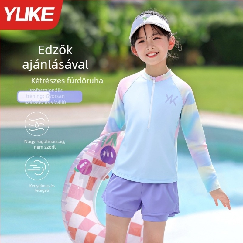 Lányoknak készült kétrészes úszónadrágos fürdőruha hosszú ujjakkal, napvédelem, úszó-edzés készlet, új 2025-ös modell