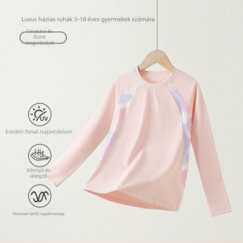Lányoknak készült hosszú ujjú sportfelső nedvességelvezető nylon anyagból, mintázat: betűk/absztrakt, 7–12 éveseknek