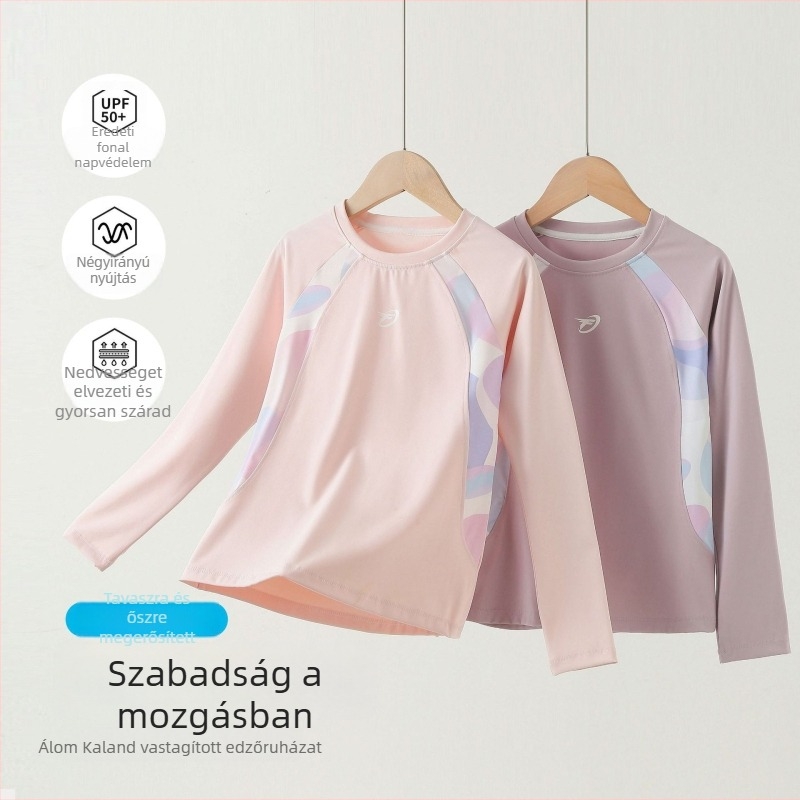 Lányoknak készült hosszú ujjú sportfelső nedvességelvezető nylon anyagból, mintázat: betűk/absztrakt, 7–12 éveseknek