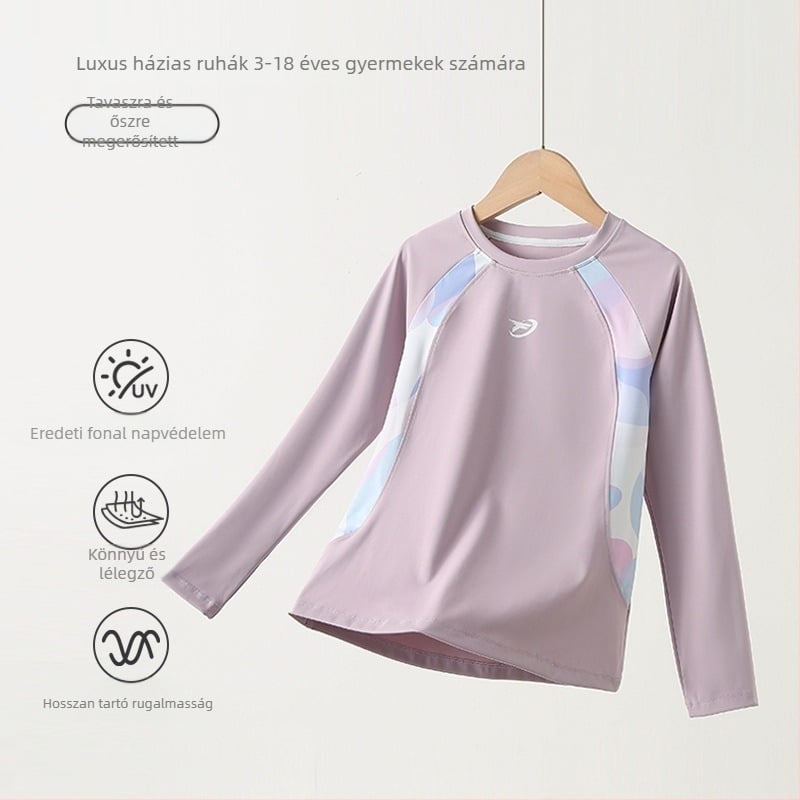 Lányoknak készült hosszú ujjú sportfelső nedvességelvezető nylon anyagból, mintázat: betűk/absztrakt, 7–12 éveseknek