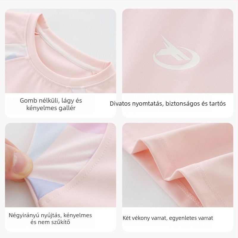 Lányoknak készült hosszú ujjú sportfelső nedvességelvezető nylon anyagból, mintázat: betűk/absztrakt, 7–12 éveseknek