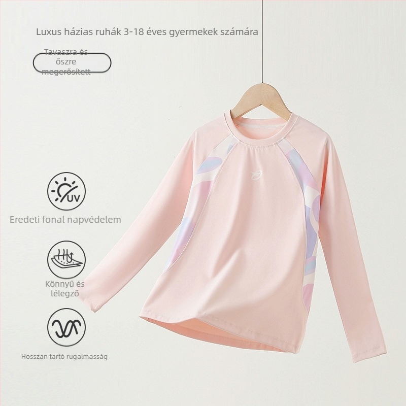 Lányoknak készült hosszú ujjú sportfelső nedvességelvezető nylon anyagból, mintázat: betűk/absztrakt, 7–12 éveseknek