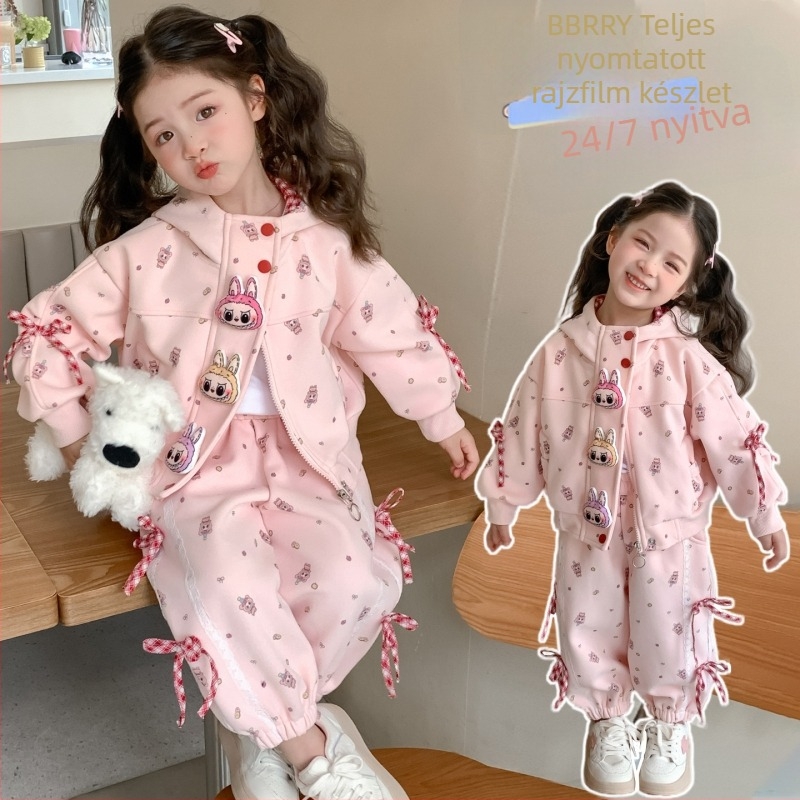 Lányok őszies kétrészes szett kapucnival, hosszú ujjú; pamutkeverék anyag 60% pamut; 3–8 évesek
