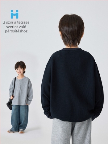 Gyerekeknek szóló T-shirt, koreai stílus, waffel pamut, hosszú ujjú, kerek nyakú