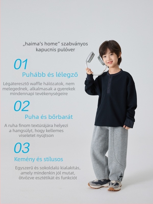 Gyerekeknek szóló T-shirt, koreai stílus, waffel pamut, hosszú ujjú, kerek nyakú