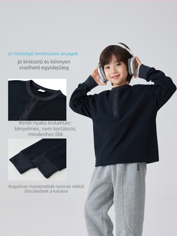 Gyerekeknek szóló T-shirt, koreai stílus, waffel pamut, hosszú ujjú, kerek nyakú
