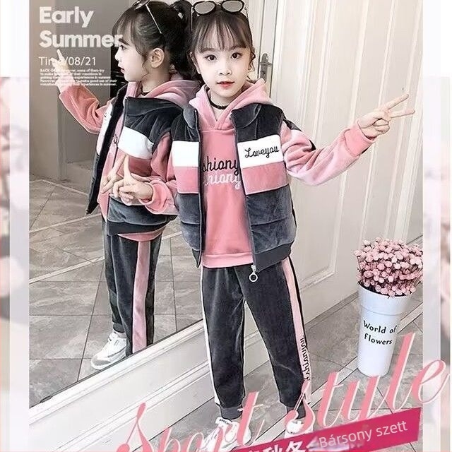 Lányoknak készült őszi-téli három részes ruhaszett fleece béléssel, koreai stílusban, 3–8 éveseknek