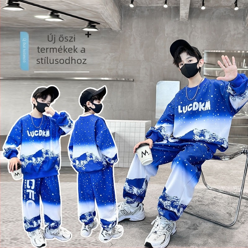 Fiúknak szóló gyerek sportos két darabos készlet, hosszú ujjú, karikatúra mintával, 3–8 éveseknek, poliészter 50% (X106)