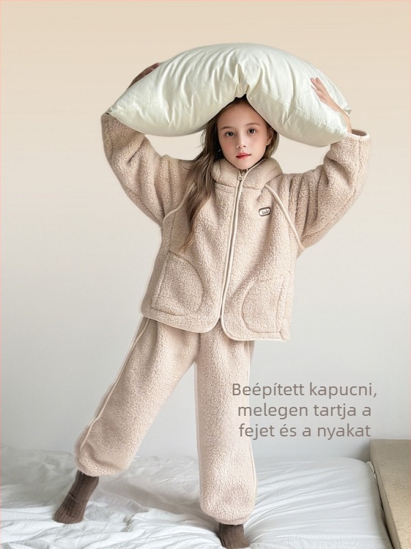 Lányoknak szóló fleeces pizsama, vastag és meleg télre, két részes készlet
