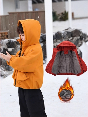 Gyerekeknek szóló vastag parkas kapucnival, magas galléval, zipzárral