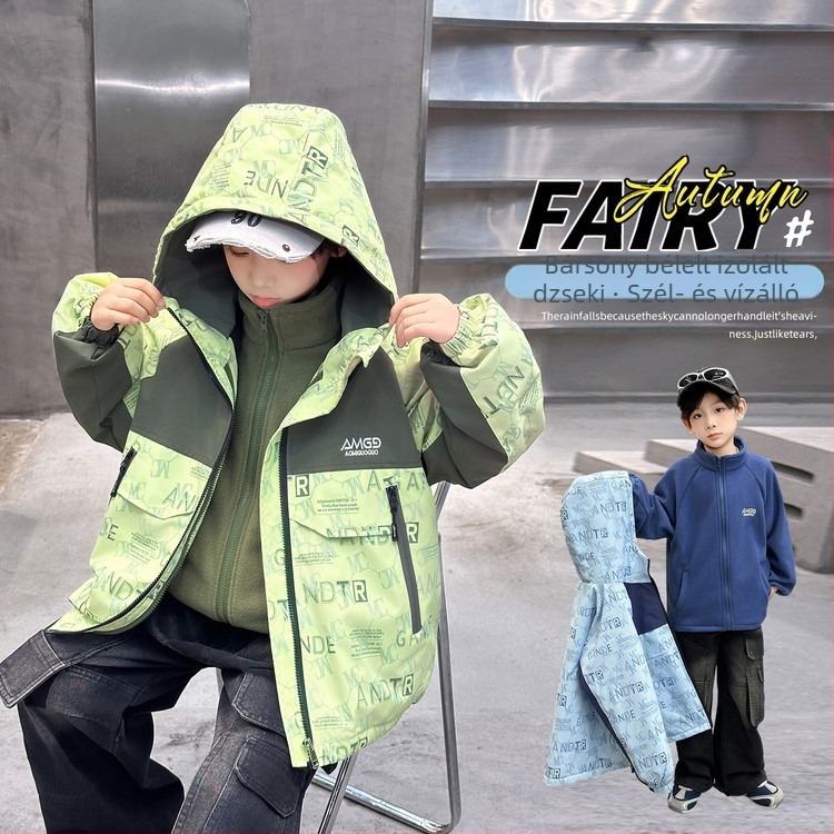Fiúknak 3‑in‑1 bélelt, levehető béléses széldzseki tél–őszre, UV‑álló, szélálló, acetát rost