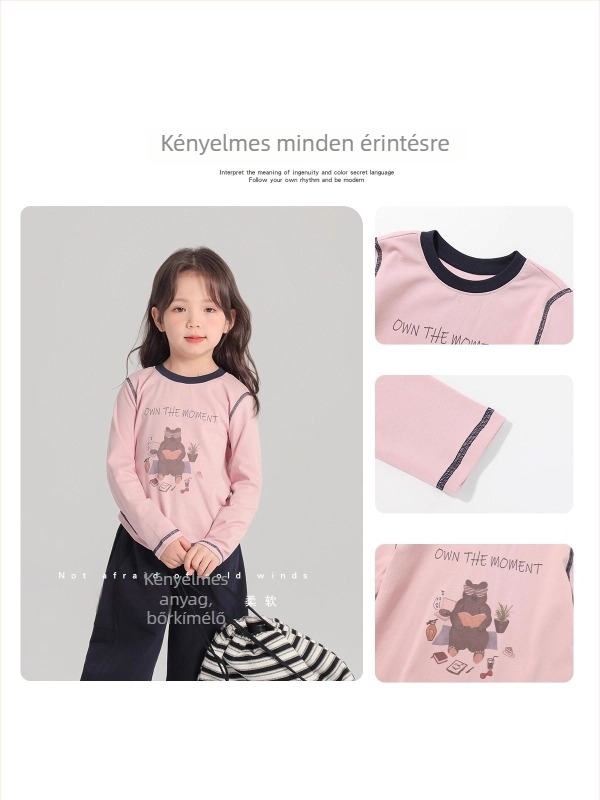 Lányoknak készült hosszú ujjú pamut póló, 100% pamut, egyszínű, kerek nyakú, koreai stílus