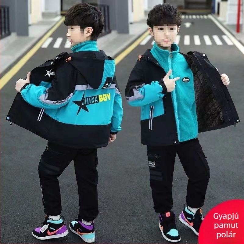 Fiúknak szóló kabát - őszi-téli, vastag polár bélés, levehető, szélálló, nagyobb gyermekeknek