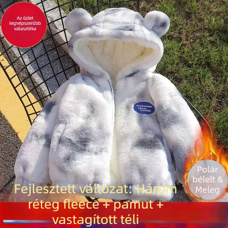 Gyermek téli kabát pamut külsővel, vastag bárányplüss bélés, álló gallér, rajzolt mintázat, koreai stílus, újszülöttek 0–1 évesek