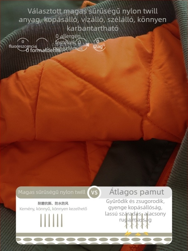 Fiúknak szánt vastag téli dzseki álló gallérral, zipzárral, külső nylon, belső poliészter bélés, 3–8 éveseknek