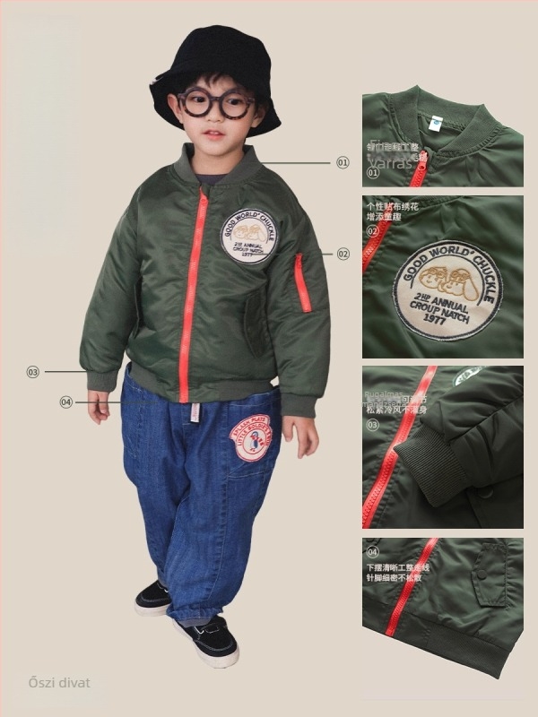 Fiúknak szánt vastag téli dzseki álló gallérral, zipzárral, külső nylon, belső poliészter bélés, 3–8 éveseknek