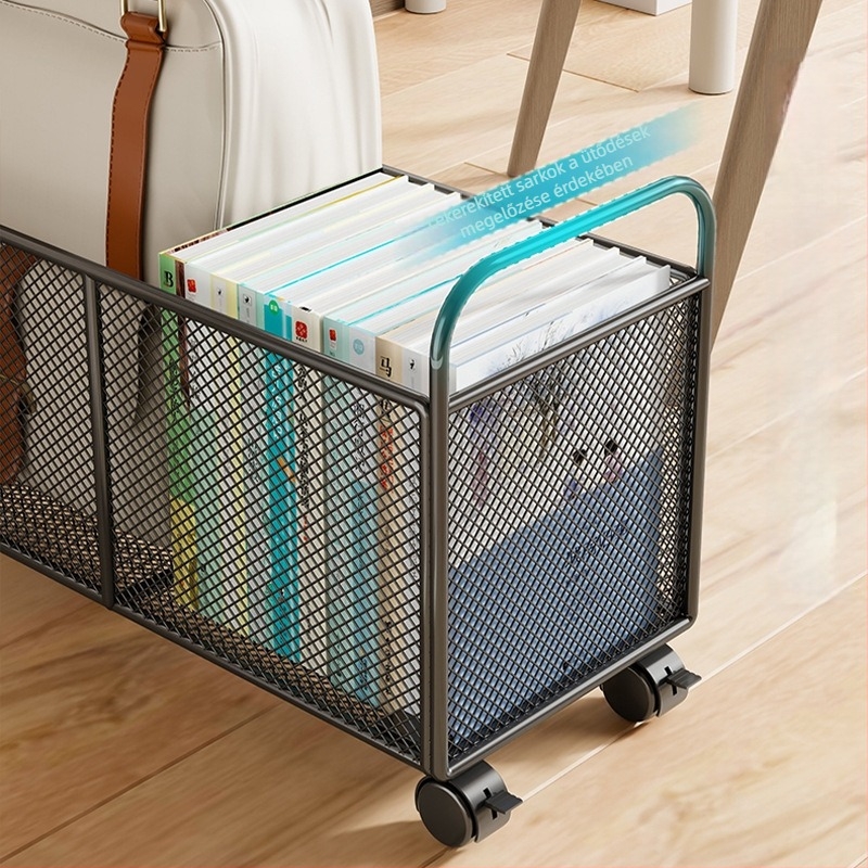 Könyvtároló doboz, vasból készült, modern minimalista stílus, görgőkkel mozgatható, 0-5 L kapacitás, többfunkciós tároló