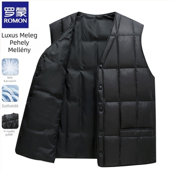 Romon férfi tollpihés mellény – téli, kapucni nélküli, V-nyakú, cipzáros zsebek, pehelytartalom 86–90%