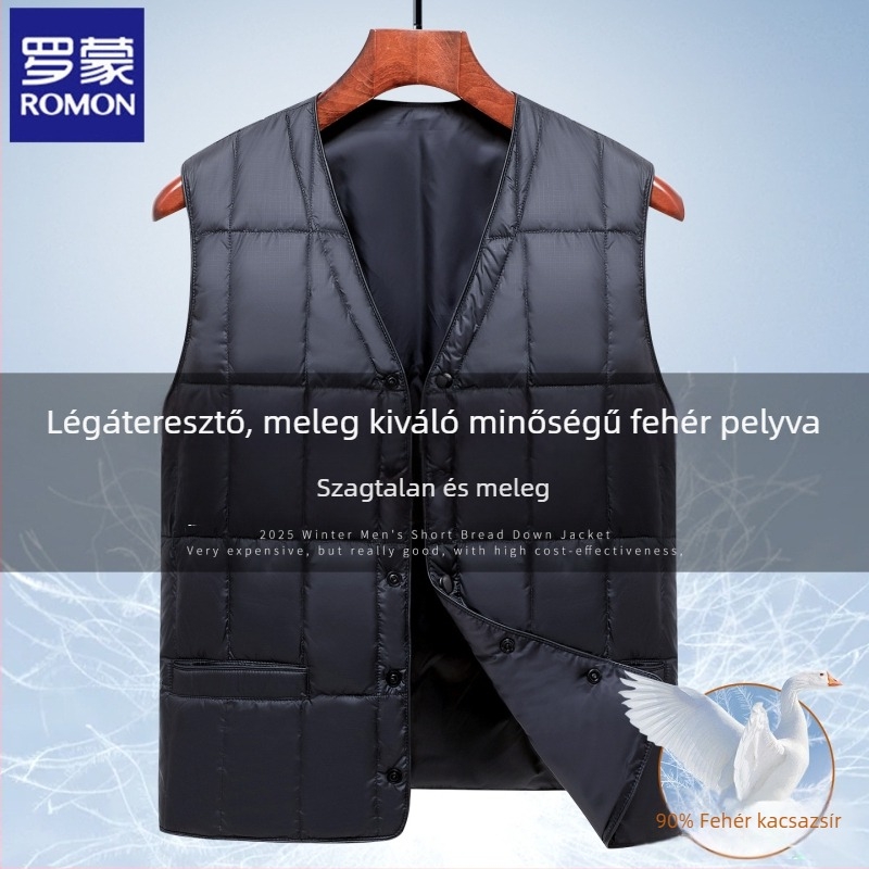 Romon férfi tollpihés mellény – téli, kapucni nélküli, V-nyakú, cipzáros zsebek, pehelytartalom 86–90%