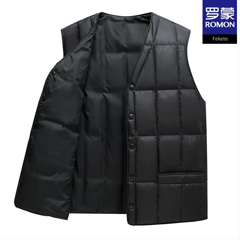 Romon férfi tollpihés mellény – téli, kapucni nélküli, V-nyakú, cipzáros zsebek, pehelytartalom 86–90%