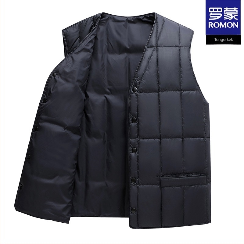 Romon férfi tollpihés mellény – téli, kapucni nélküli, V-nyakú, cipzáros zsebek, pehelytartalom 86–90%