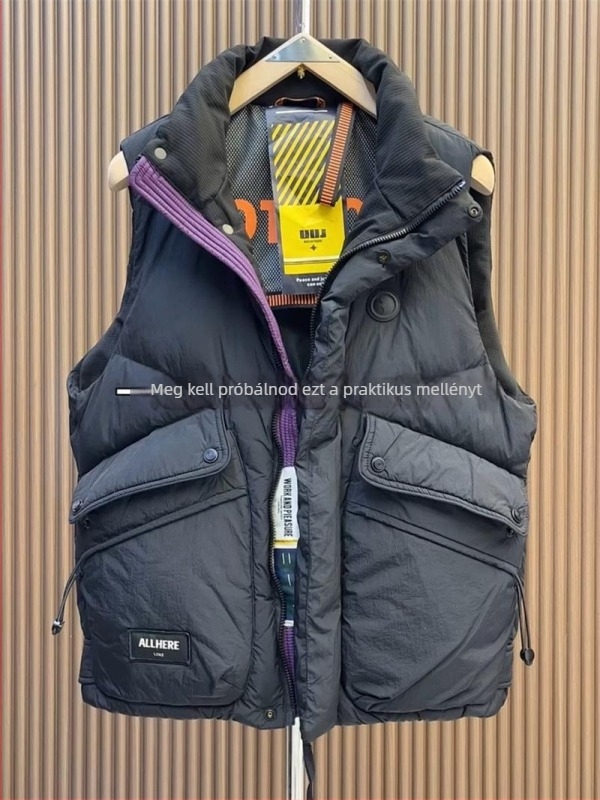 Férfi tollmellény vastag töltettel, álló gallérral, cipzárral, nagy zsebekkel, vízálló téli munkaruha