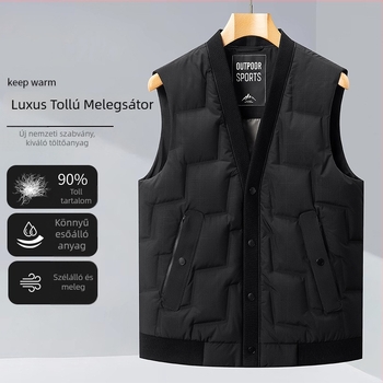 Uniszex tolltöltéses mellény — állók gallér, cipzár, ujj nélküli, minimalist dizájn; töltet: fehér kacsa toll (58 fill power), vékony szabás, testhez simuló