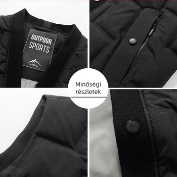 Uniszex tolltöltéses mellény — állók gallér, cipzár, ujj nélküli, minimalist dizájn; töltet: fehér kacsa toll (58 fill power), vékony szabás, testhez simuló