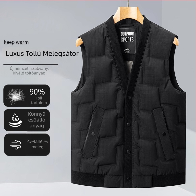 Uniszex tolltöltéses mellény — állók gallér, cipzár, ujj nélküli, minimalist dizájn; töltet: fehér kacsa toll (58 fill power), vékony szabás, testhez simuló