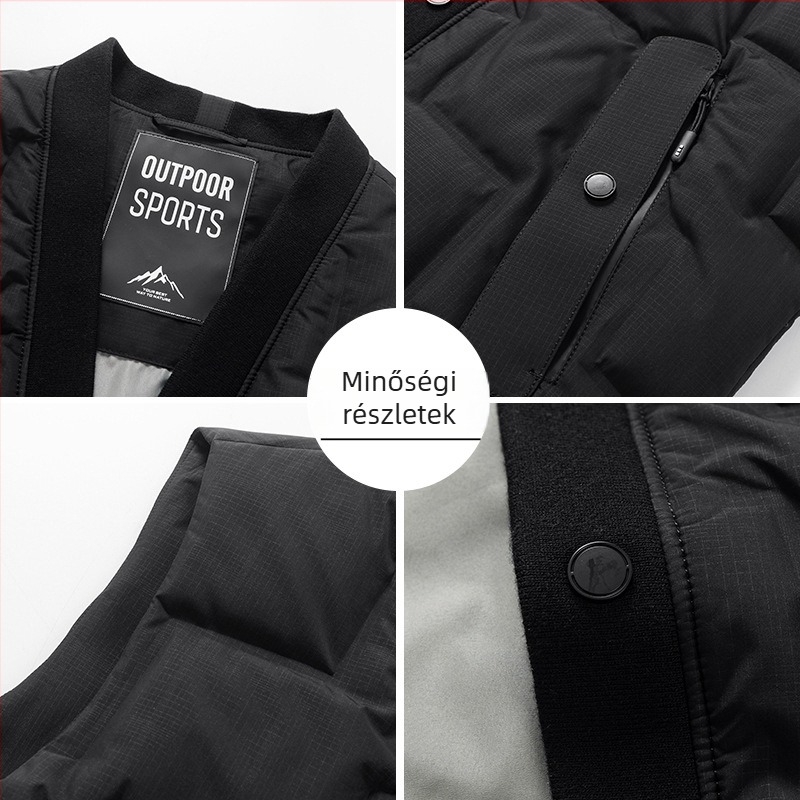 Uniszex tolltöltéses mellény — állók gallér, cipzár, ujj nélküli, minimalist dizájn; töltet: fehér kacsa toll (58 fill power), vékony szabás, testhez simuló