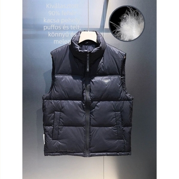 Fehér kacsapúppal töltött mellény, 86–90% töltet, kapucnis, corduroy külső és poliészter anyag, téli mindennapi mellény