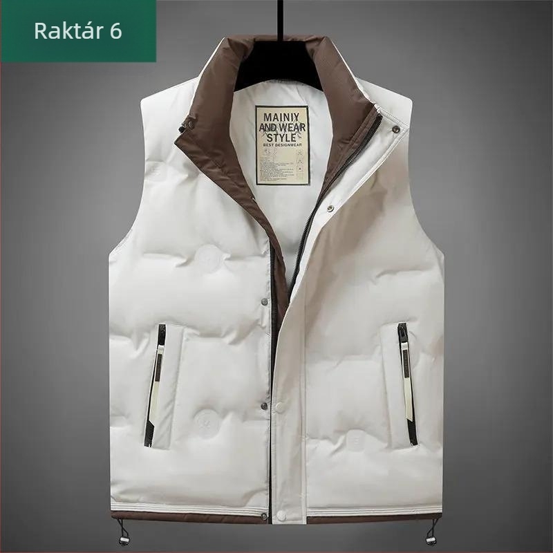 Pehely mellény álló gallérral, elöl cipzárral, pehelytartalom 66–70%, töltet 100–150 g, szabad szabású