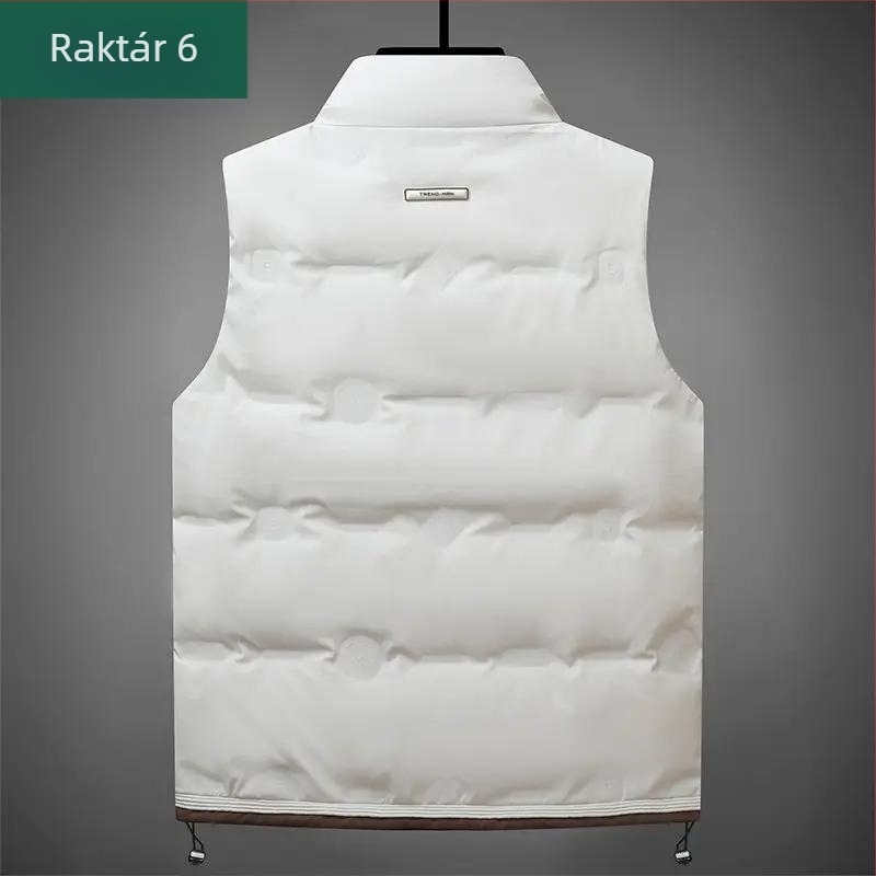 Pehely mellény álló gallérral, elöl cipzárral, pehelytartalom 66–70%, töltet 100–150 g, szabad szabású