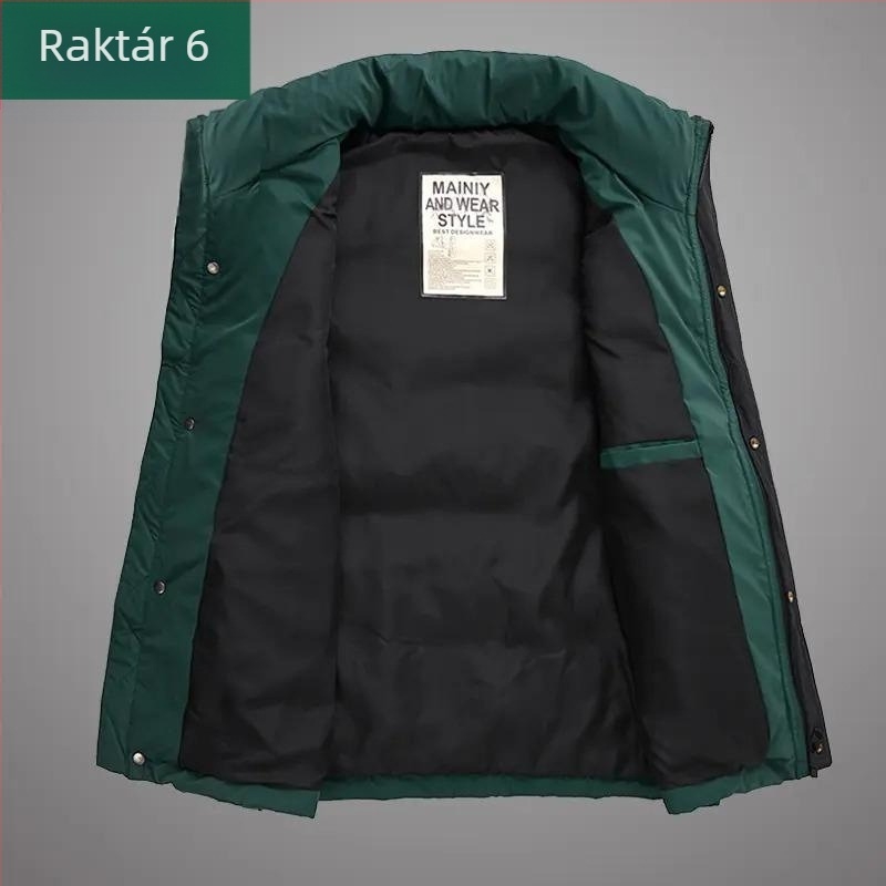 Pehely mellény álló gallérral, elöl cipzárral, pehelytartalom 66–70%, töltet 100–150 g, szabad szabású