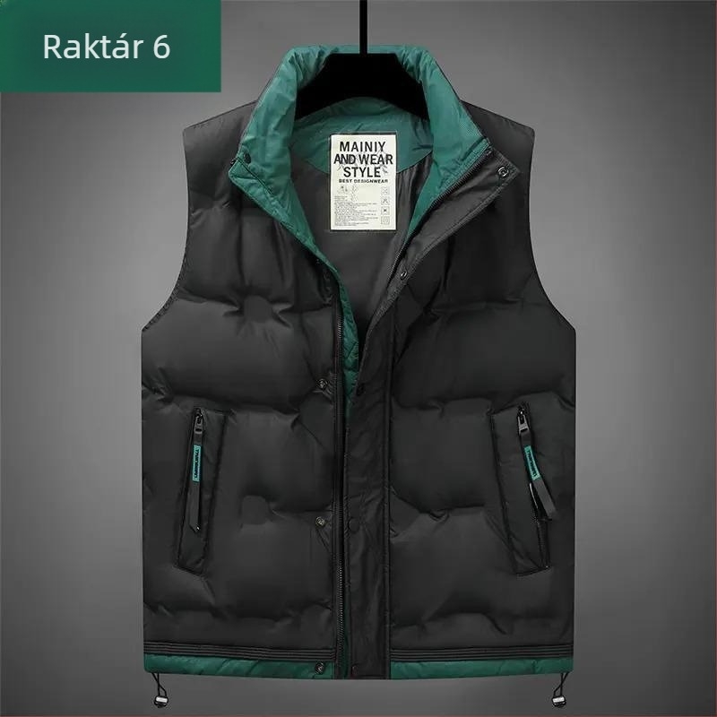 Pehely mellény álló gallérral, elöl cipzárral, pehelytartalom 66–70%, töltet 100–150 g, szabad szabású