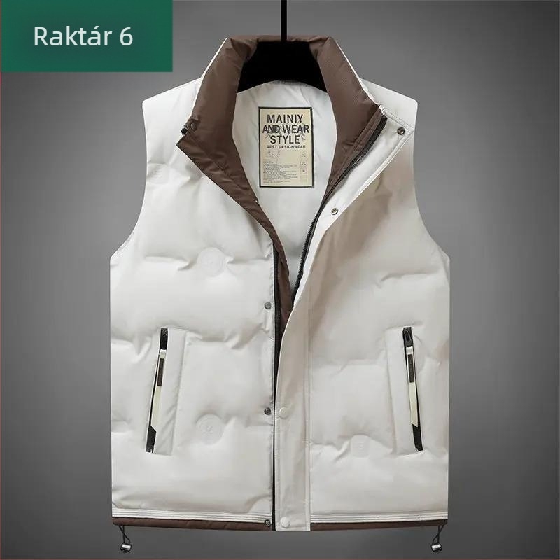 Pehely mellény álló gallérral, elöl cipzárral, pehelytartalom 66–70%, töltet 100–150 g, szabad szabású