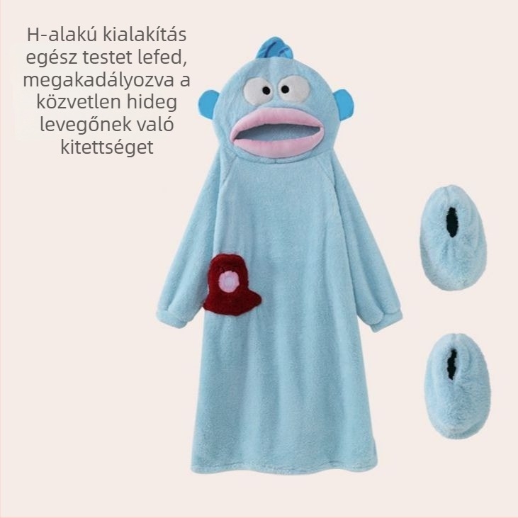Női korallos plüss hálóing, hímzett karikatúra motívumokkal, hosszú ujjú, galléros, középméretű