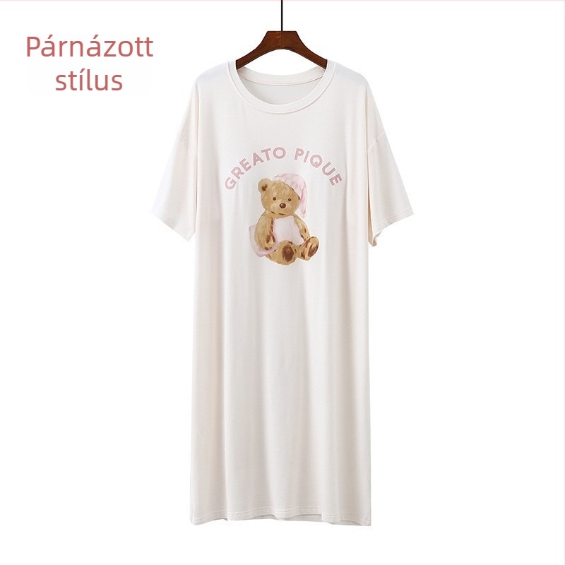 Nyári modal anyagból készült melltámaszos éjszakai ruha, mintás, rövid ujjú, midi hosszúságú, kényelmes otthoni viselet