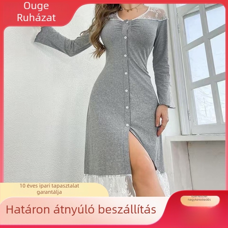 Poliészter csipkés camisole-stílusú éjszakai ruha, ujj nélküli, gallér nélküli, középméretű hosszúságú