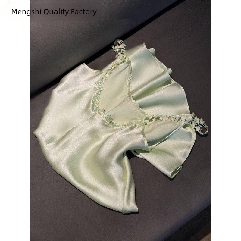Ice Silk anyagú, ujjatlan midi hosszú hálóing csipkés szegéllyel és pántokkal, 100% nylon