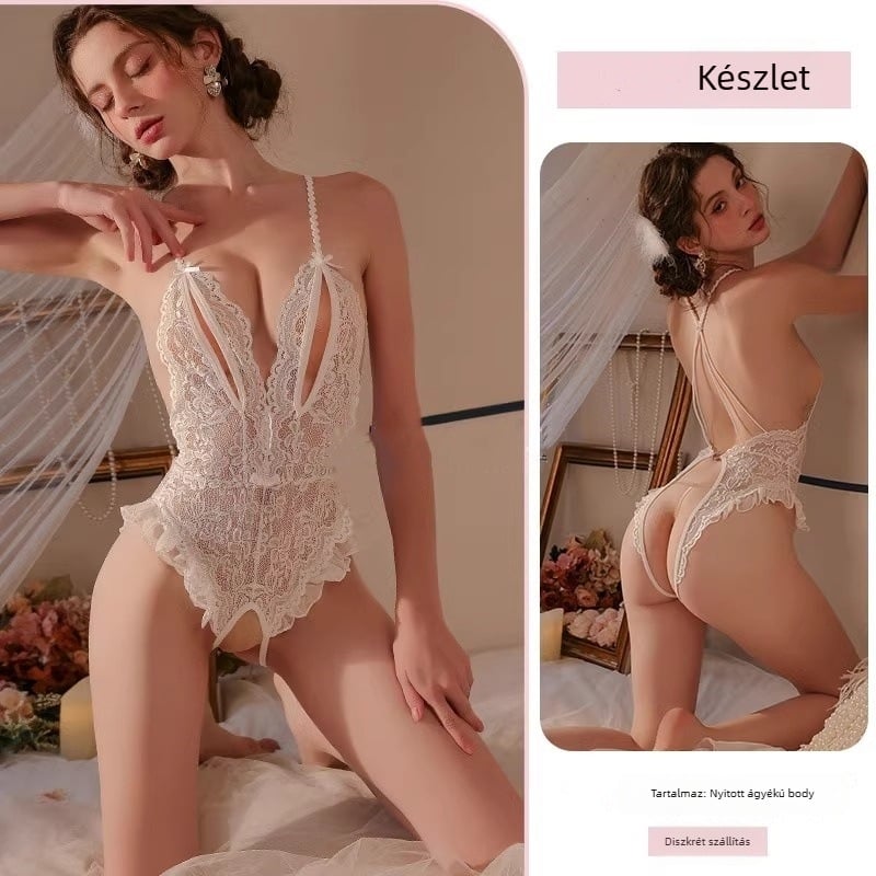 Csipkés fehérneműbodyszerű ruhadarab, elöl nyitható, V-nyakú, ujj nélküli, vékony poliészter
