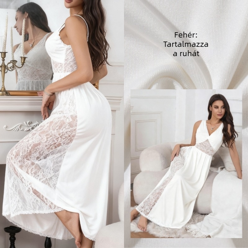 Csipkés camisole éjszakai ruha, ujjatlan, V-nyakú, térd fölé érő harisnyatartós