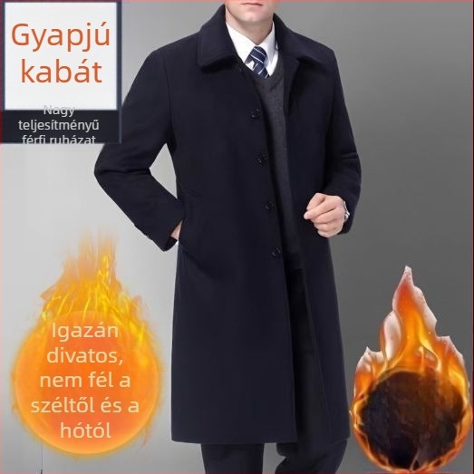 Férfi kabát, hosszú trench-stílusú, galléros, egy soros záródású, kapucni nélküli, öv nélküli