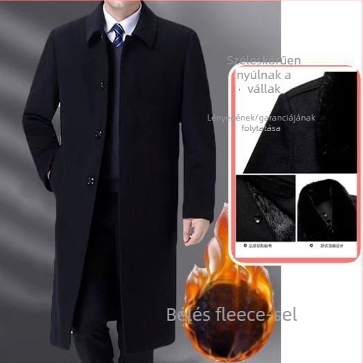 Férfi kabát, hosszú trench-stílusú, galléros, egy soros záródású, kapucni nélküli, öv nélküli