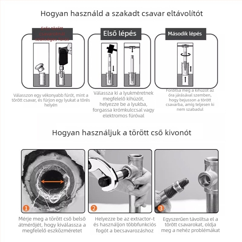 Csavarextraktor készlet törött csavarok eltávolítására – magas szilárdságú króm-vanádium ötvözet acél, 8 darabos, háztartási használatra